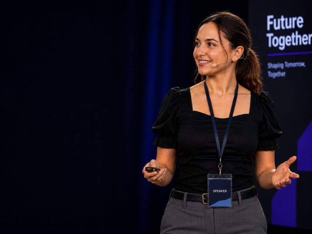 Audrey speaking on stage